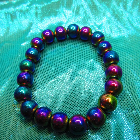 Rainbow Titanium Hematite 10mm Round 7" Stretchy Gemstone Bracelet - Picture 2 of 3
